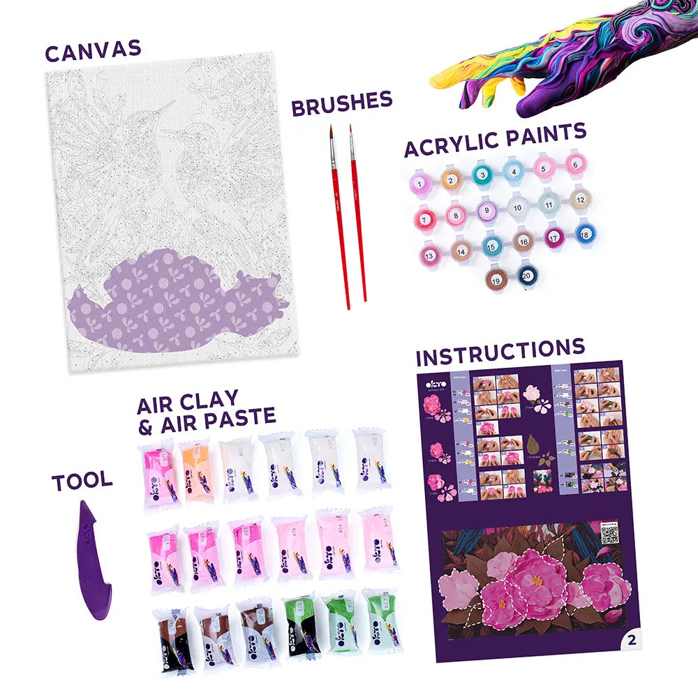 Zestaw kreatywny 3D Malowanie po numerach i Modelowanie Masą plastyczną Ciastolina ZAKOCHANE KOLIBRY