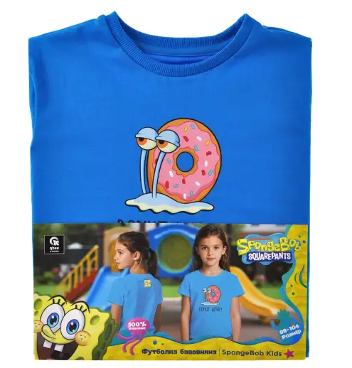 Koszulka dziecięca SpongeBob – niebieska z Gacusiem „Donut Worry”, rozmiar 98/104