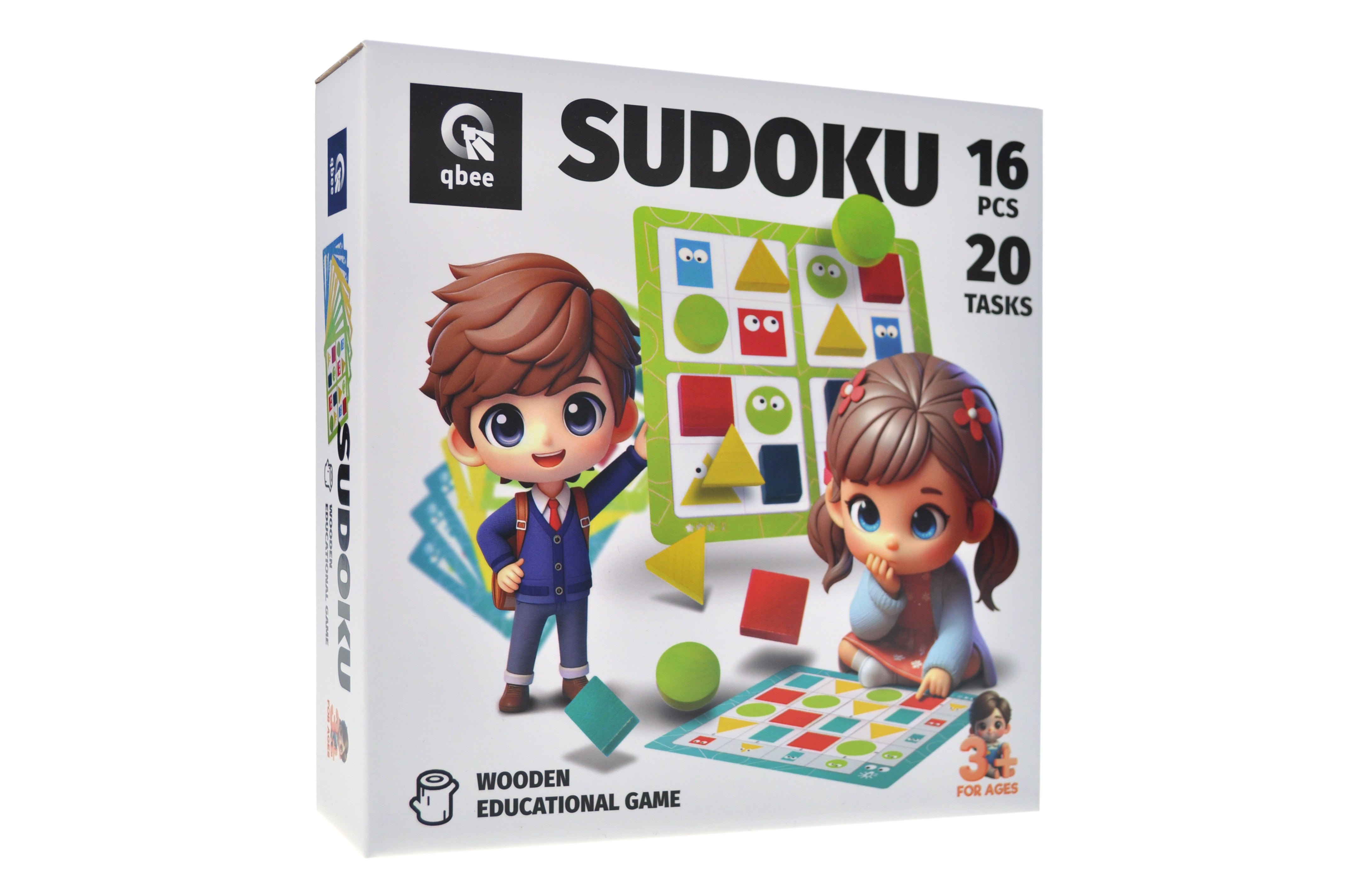 Drewniana Gra Edukacyjna dla Dzieci, Geometryczne SUDOKU 16 elementów, 20 zadań