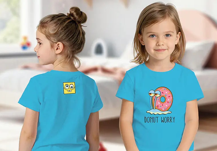 Koszulka dziecięca SpongeBob – niebieska z Gacusiem „Donut Worry”, rozmiar 86/92