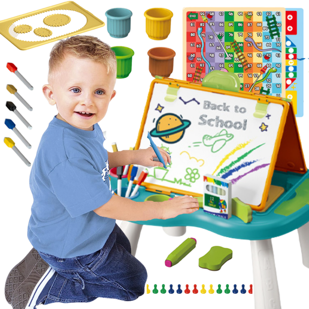 TABLICA EDUKACYJNA KREDOWA DWUSTRONNA STOLIK + GRY + AKCESORIA
